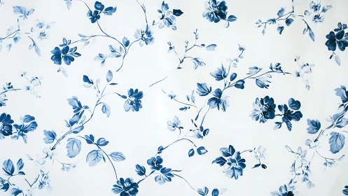 Delicate blue floral branches drift softly across white