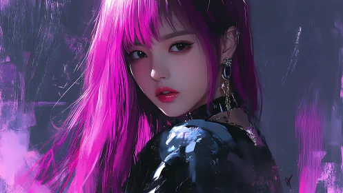 Digital portrait shows purple haired woman in reflective jacket