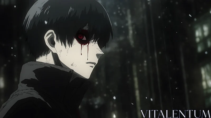 Haunted young loner walks through a quiet, snowlit night street