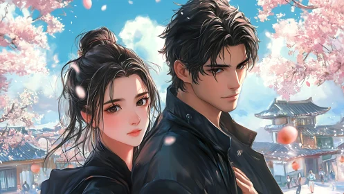 Spring-storm lovers beneath drifting cherry blossom skies.