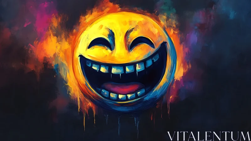Laughing neon smiley bursts through a storm of color.