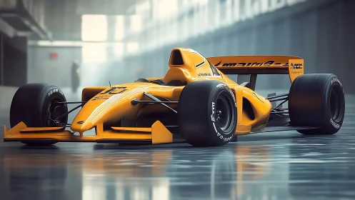 Photorealistic orange formula race car in industrial hallway.