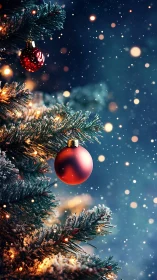 Snowy Christmas tree glows softly with red glass baubles