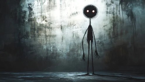 Nocturnal stick-figure entity in corroded industrial void.