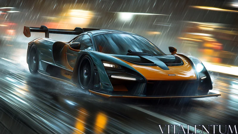 Aerodynamic hypercar slicing wet neon boulevard at velocity.