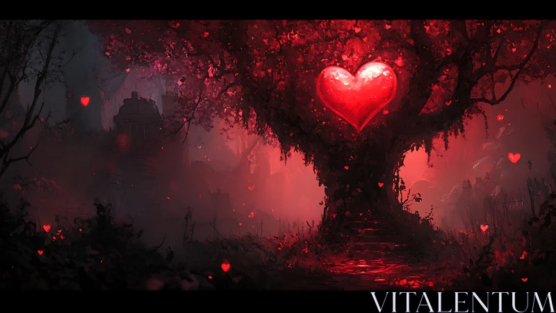 Luminous Heart Tree in Gothic Fantasy Landscape