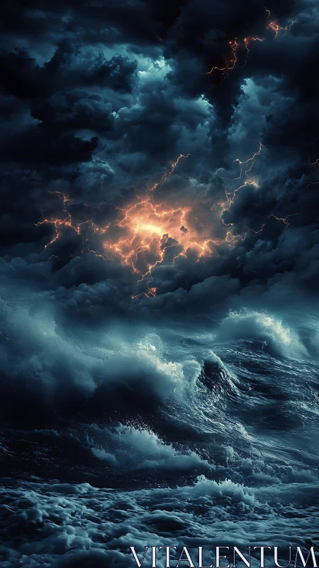 Dark storm clouds and turbulent ocean waves occupy the frame