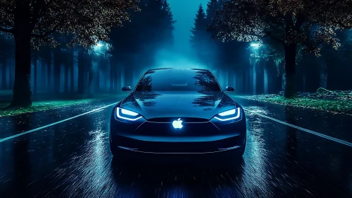 Electric concept car on wet forest road at night scene.