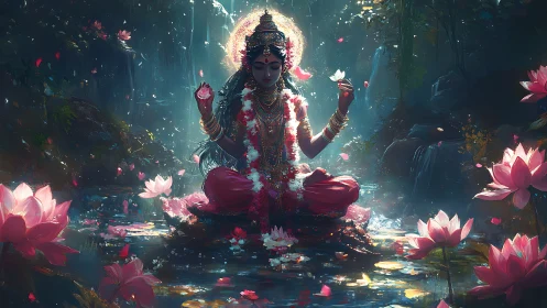 Radiant goddess rests in a glowing lotus pool of calm light