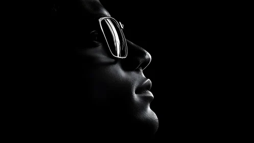 High contrast side profile with specular glasses reflection.