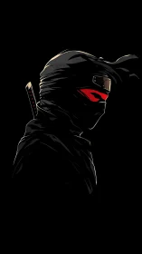 Stealth ninja profile with red visor on black field.