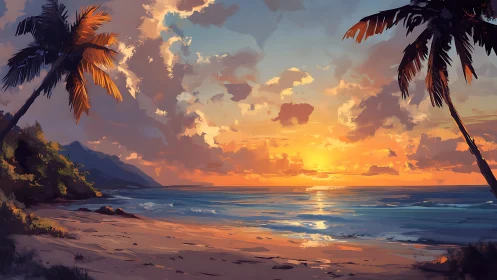 Golden sunset washes a tranquil tropical beach in warmth