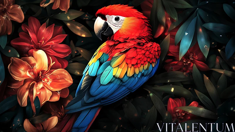 Vibrant Scarlet Macaw in Lush Jungle Art with Bold Florals.