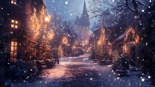 Snowlit Christmas lane aglow with storybook window warmth.