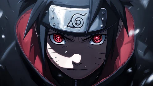 Intense ninja portrait with glowing red eyes in snowfall.