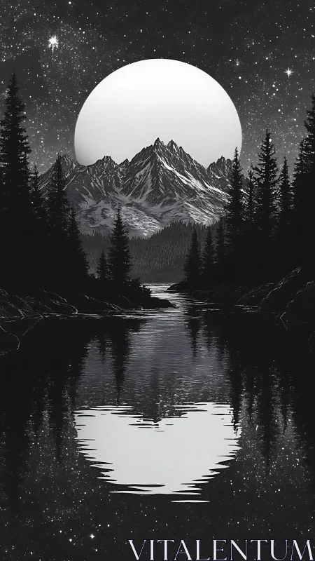 Monochrome moonrise crowns jagged mountains above forest lake