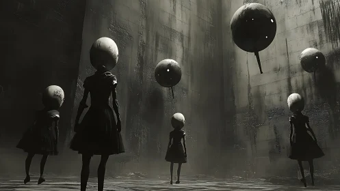 Surreal figures with sphere heads in dark concrete void.