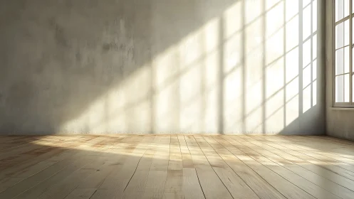 Sunlit empty room with wooden floor and soft shadow play.