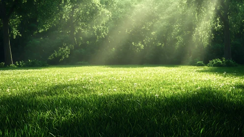 Sunlit grassy clearing bordered by dense leafy woodland.
