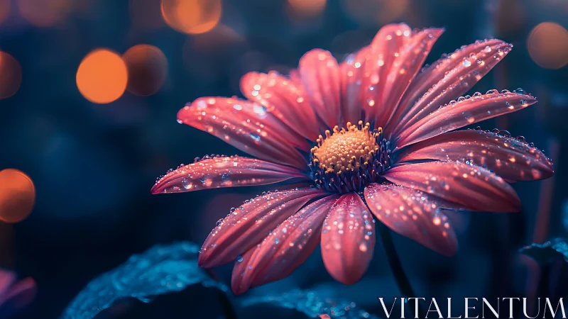 Pink Daisy with Dew Drops on Blue Background