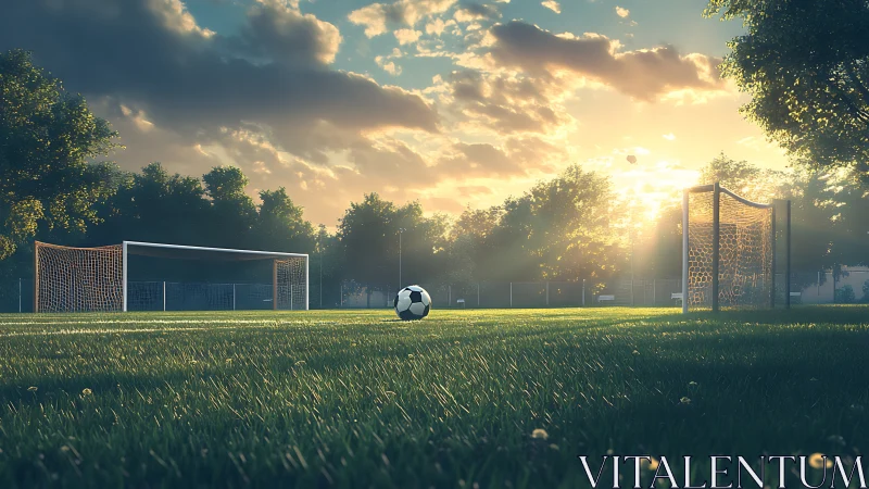 Sunlit soccer field with empty goals and single ball.