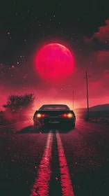 Retro sports car drives toward colossal neon red moon