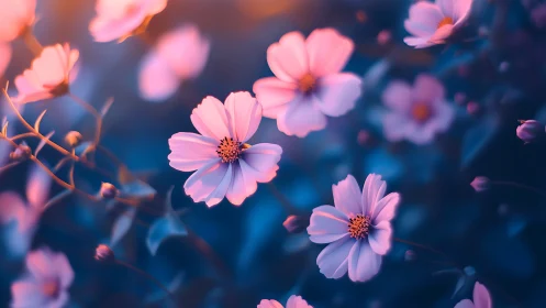 Pink cosmos flowers bloom under twilight skies and warm golden light