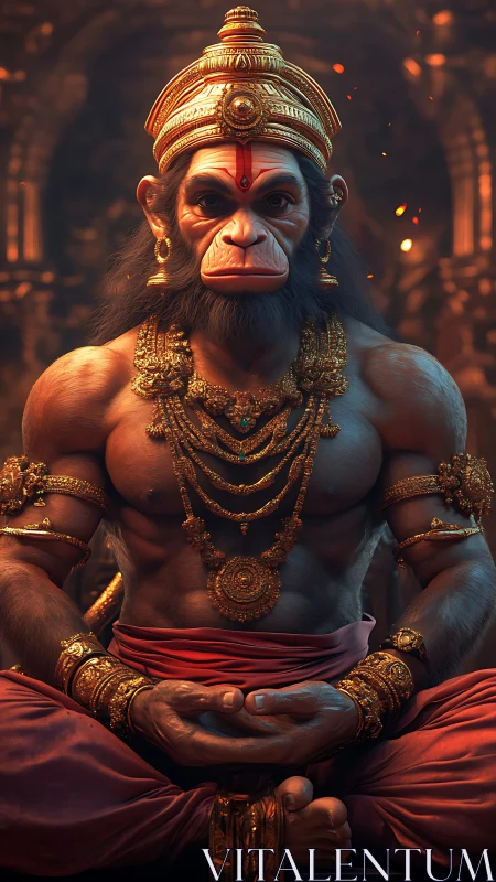 Majestic monkey-headed deity sits in radiant golden calm