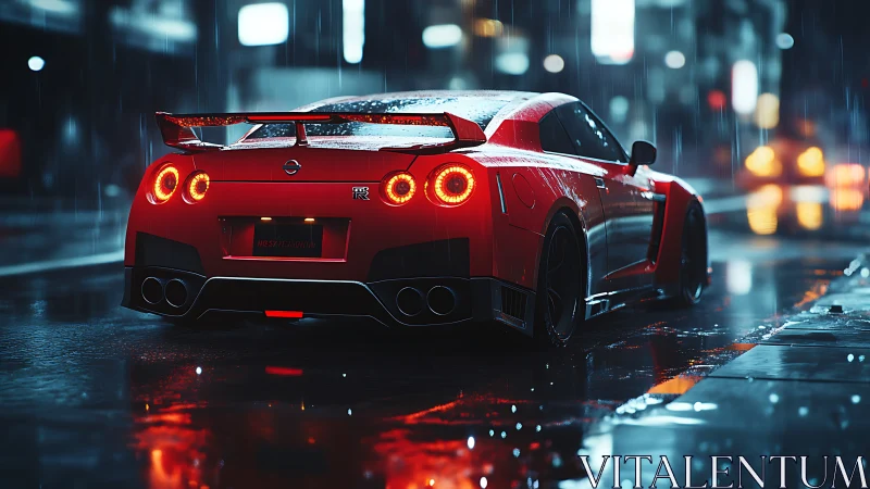 Red sports car cuts through neon rain on slick city street.