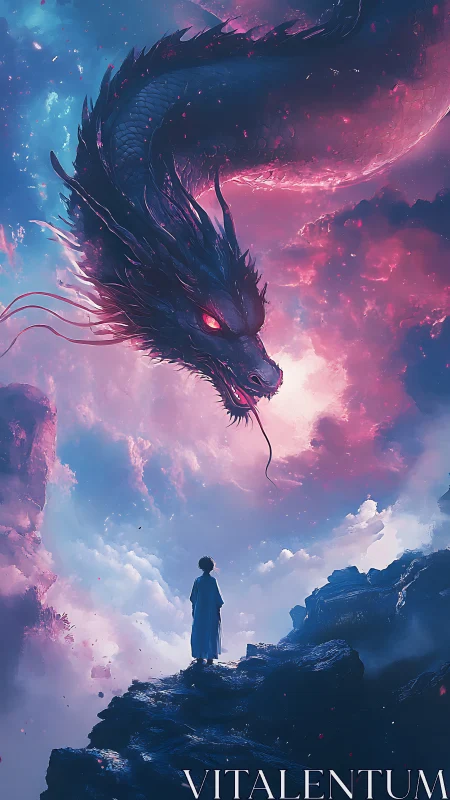 Starlit child confronts cosmic dragon amid glowing clouds.