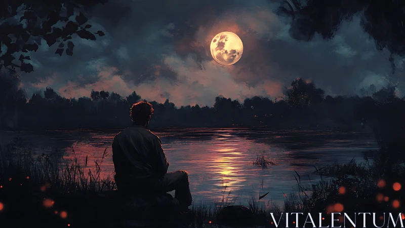 Solitary figure watches a glowing moon over a still lake