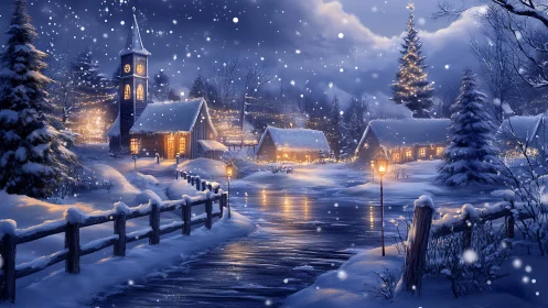 Snow covered village with church and frozen river at night