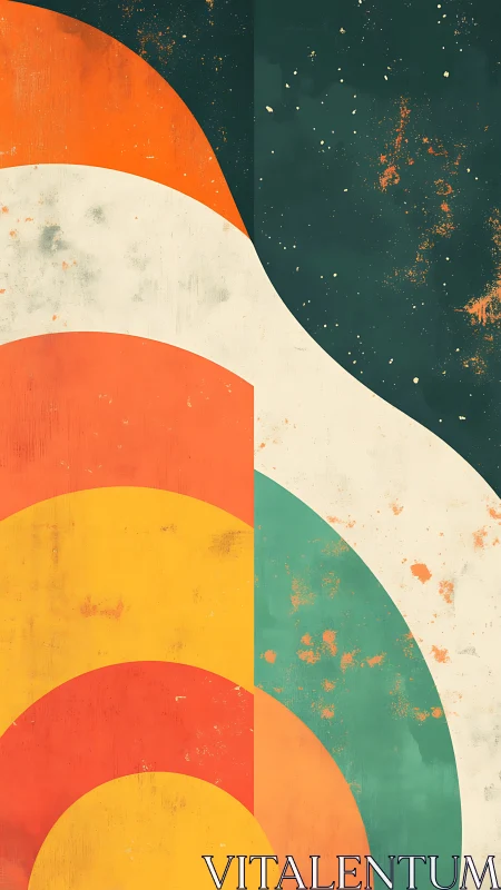 Curved geometric arcs intersect against distressed teal field