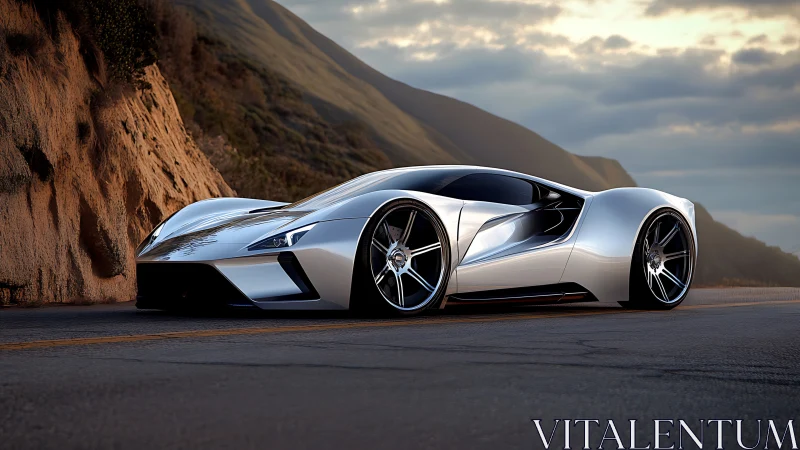 Futuristic silver hypercar hugs coastal highway at low angle