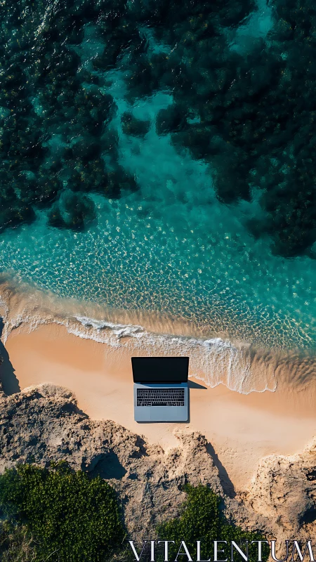 Laptop positioned on sandy beach facing turquoise ocean water