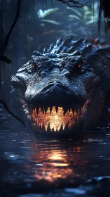 Cinematic 3D reptilian predator with molten-lit jaws in swamp.