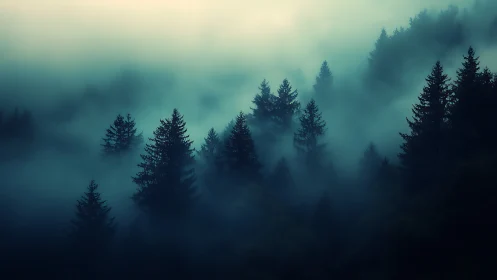 Misty Forest Silhouettes Emerge Through Layered Fog.