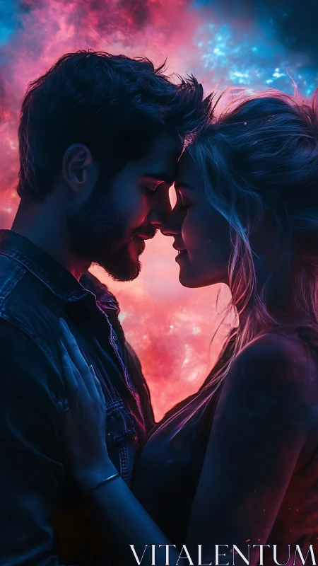 Silhouetted couple in frontal profile against luminous chromatic gradient atmospheric backdrop