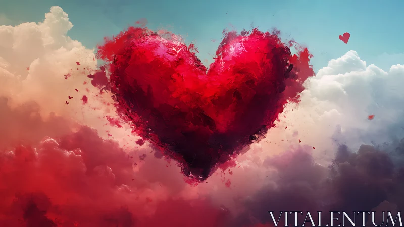 Crimson heart floating through clouds in sky.