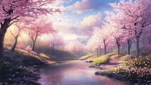 Cherry blossom river valley glows under soft spring sunlight.