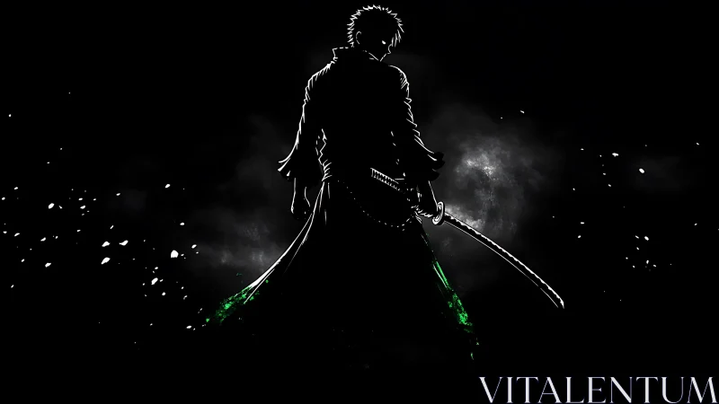 Silhouetted swordsman in dark environment with green accents.