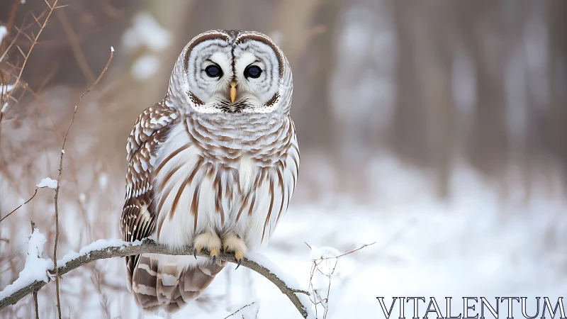 Barred owl perched on snowy branch in serene winter forest scene.