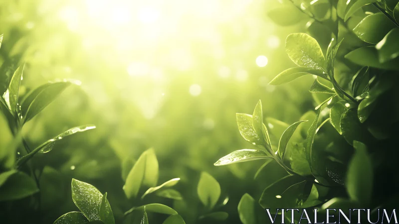 Sunlit green leaves in soft focus, natural morning light scene.