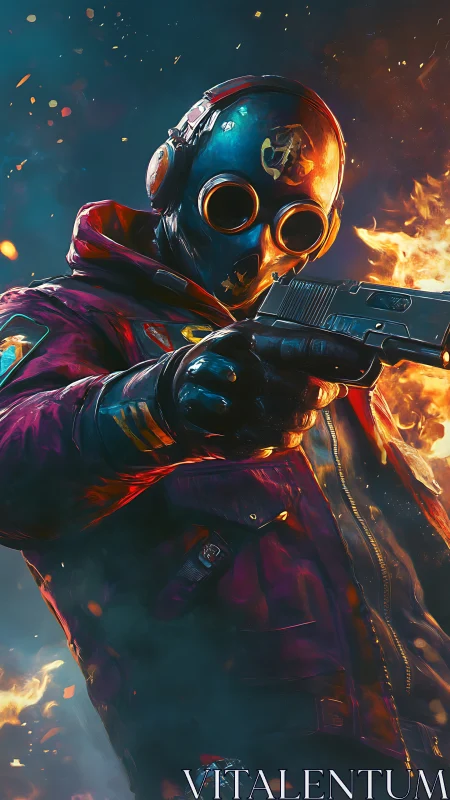 Flame-lit masked gunner strides through neon ash and embers.