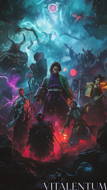 Samurai warband confronts demonic legion under blood moon.