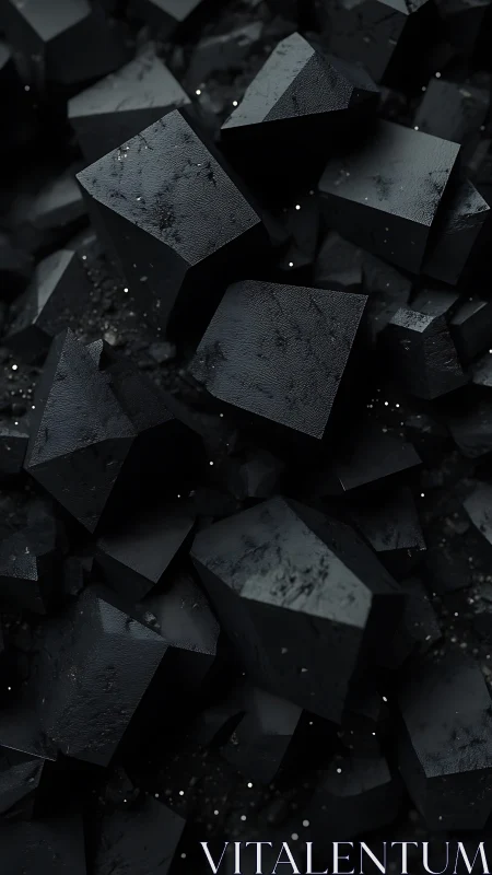 Angular black geometric blocks with textured matte surfaces.