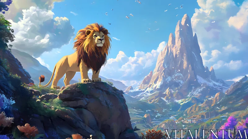 Majestic lion sentinel on alpine escarpment under luminous sky.