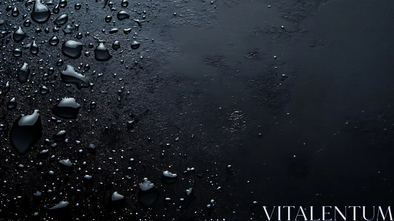 Dark slick surface with scattered reflective water droplets.