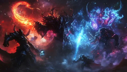 Elemental armored figures in large-scale cosmic battle scene.