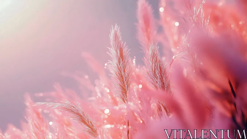 Pink pampas plumes glow under soft backlit sunrise haze.